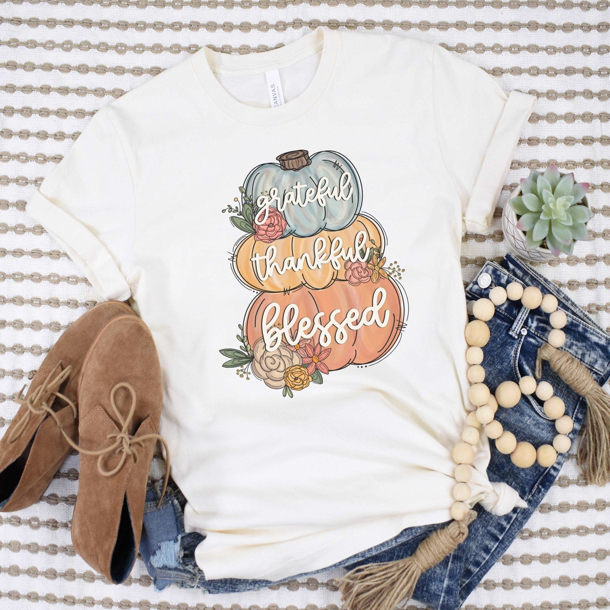 Grateful Thankful Blessed Pumpkins - vintage white