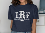 Dark blue t-shirt with distressed white text "IRF RAW MILK REAL LIFE".