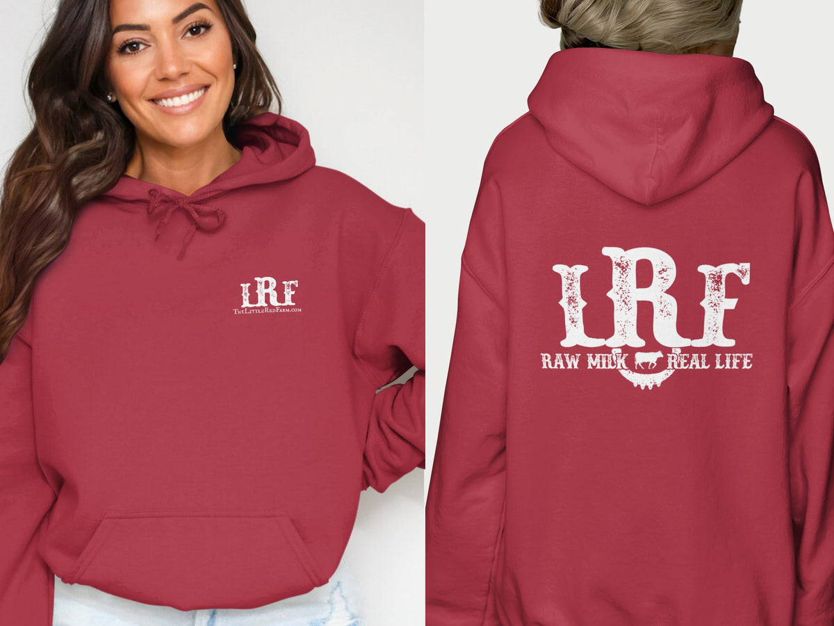 Red hoodie with "LRF RAW MILK REAL LIFE" logo on back and "LRF TheLittleRedFarm.com" on front.