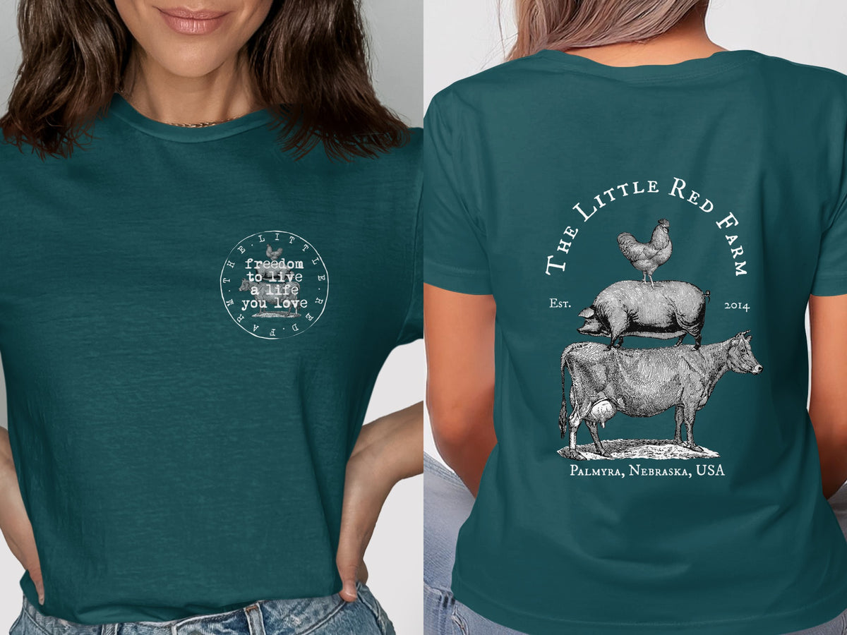 Teal t-shirt with "The Little Red Farm" logo featuring stacked farm animals and text.