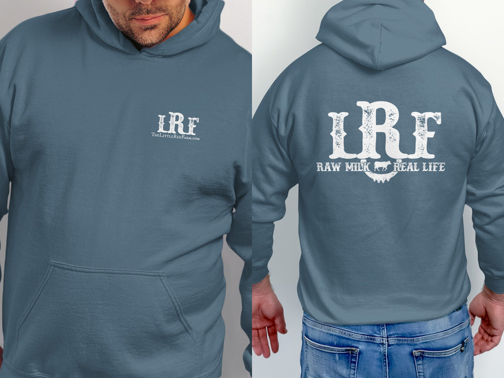 Blue hoodie with "LRF" and "TheLittleRedFarm.com" on the front, and "LRF RAW MILK REAL LIFE" on the back.