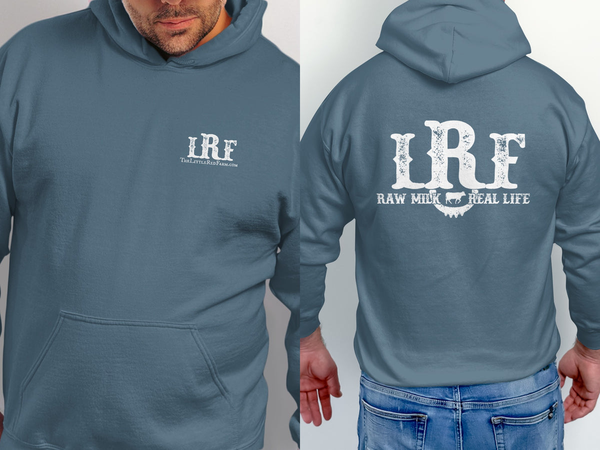 Blue hoodie with "LRF" and "TheLittleRedFarm.com" on the front, and "LRF RAW MILK REAL LIFE" on the back.