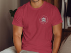 Red t-shirt with circular graphic featuring cow, chickens, and text: freedom to live a life you love.
