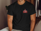 Black t-shirt with a red barn logo, rooster, and TheLittleRedFarm.com.