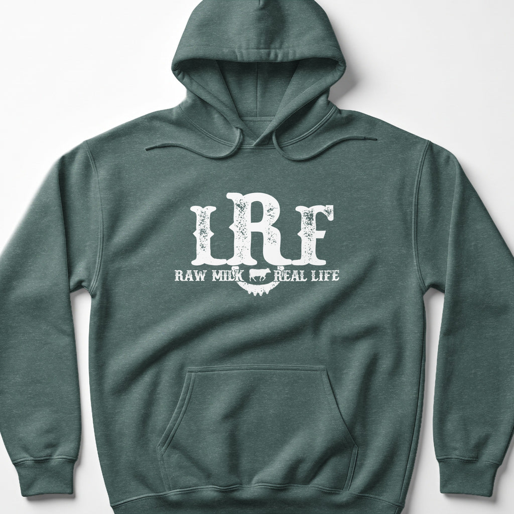 Teal hoodie with white "LRF RAW MILK REAL LIFE" graphic.