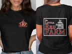 Black t-shirt with "The Little Red Farm" logo and barn graphic on front and farm animals graphic on back.