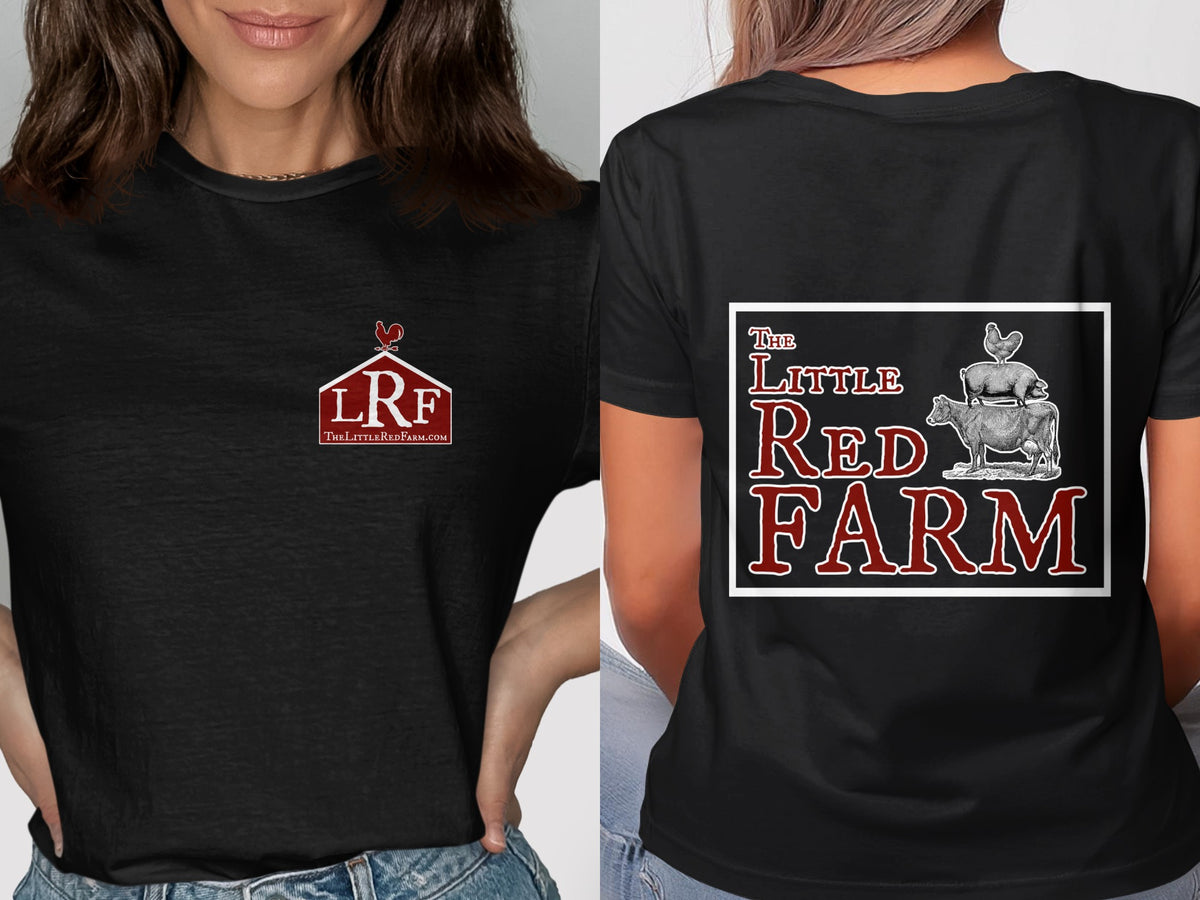 Black t-shirt with "The Little Red Farm" logo and barn graphic on front and farm animals graphic on back.