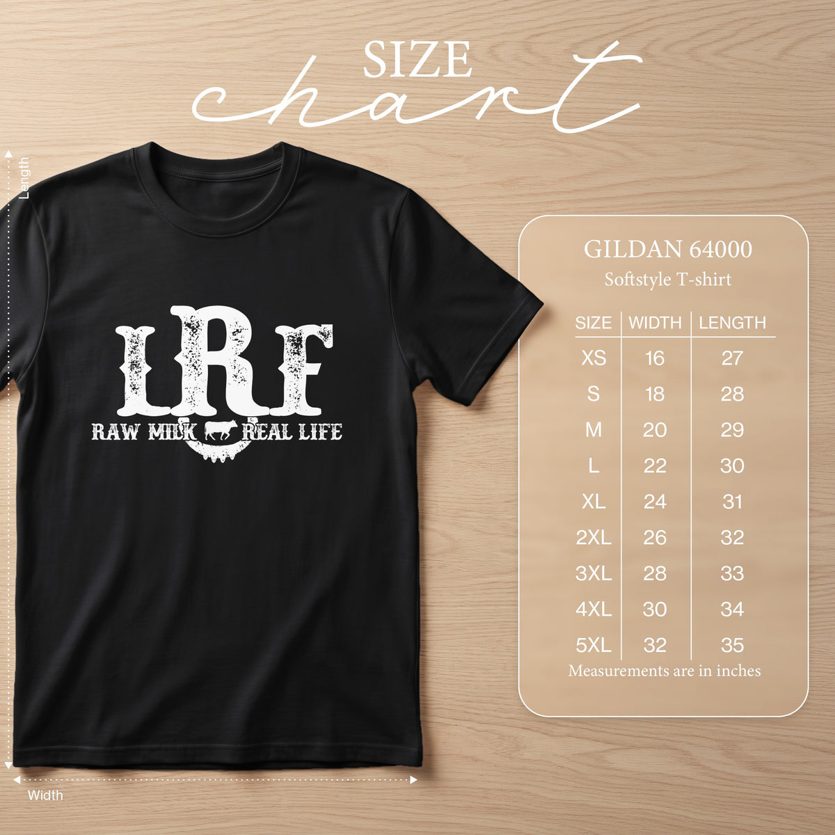 Black Gildan 64000 t-shirt with "LRF RAW MILK REAL LIFE" graphic and size chart.