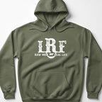 An olive green hooded sweatshirt with white distressed text reading Raw Milk Real Life and the letters LRF centered on the chest.