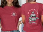 Red t-shirt with "freedom to live a life you love" on front and farm animals on back.