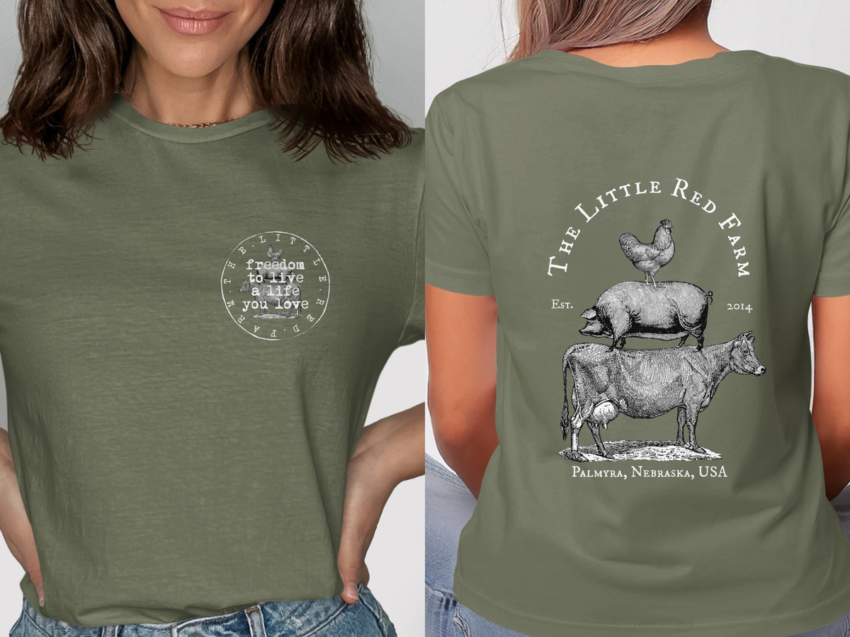 Olive green t-shirt featuring a small circular farm graphic on the front and large back print.