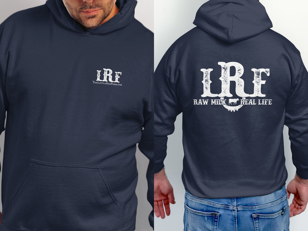 Navy hoodie with "LRF Raw Milk Real Life" logo and cow graphic on back.