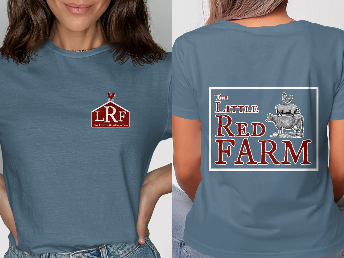Blue t-shirt with "LRF TheLittleRedFarm.com" logo on front and farm animals on back.