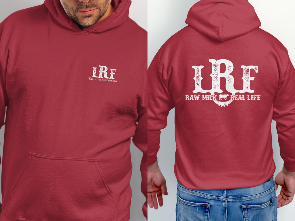 Maroon hoodie with LRF logo on front and back, with "Raw Milk Real Life" text.