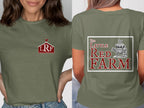 Green t-shirt with The Little Red Farm logo on front and farm animals on back.