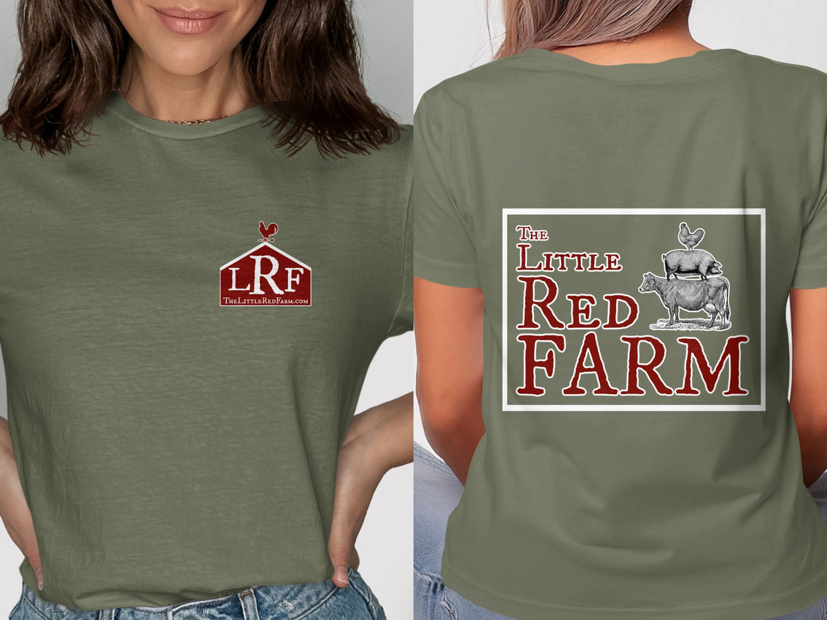 Green t-shirt with The Little Red Farm logo on front and farm animals on back.