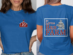 Blue t-shirt with "LRF TheLittleRedFarm.com" logo and farm animal stack.