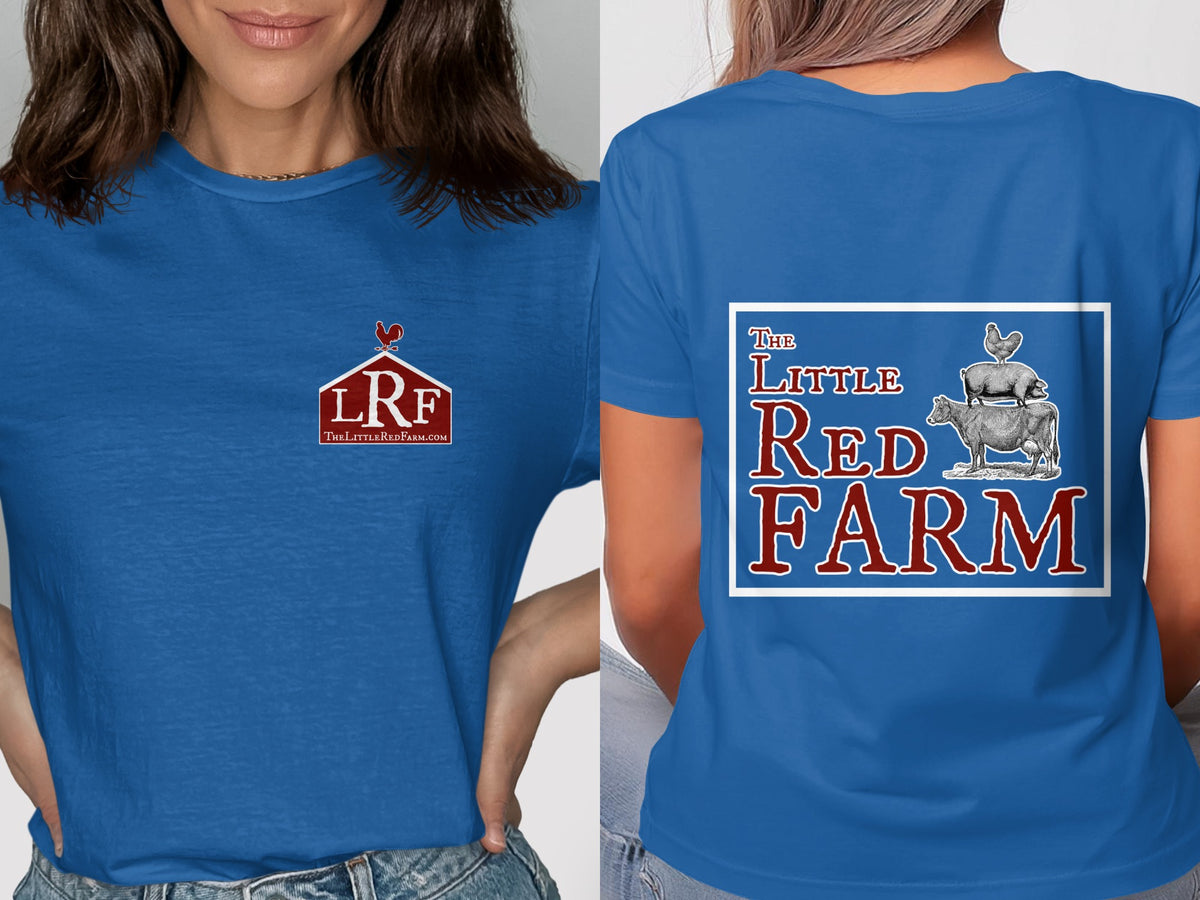 Blue t-shirt with "LRF TheLittleRedFarm.com" logo and farm animal stack.