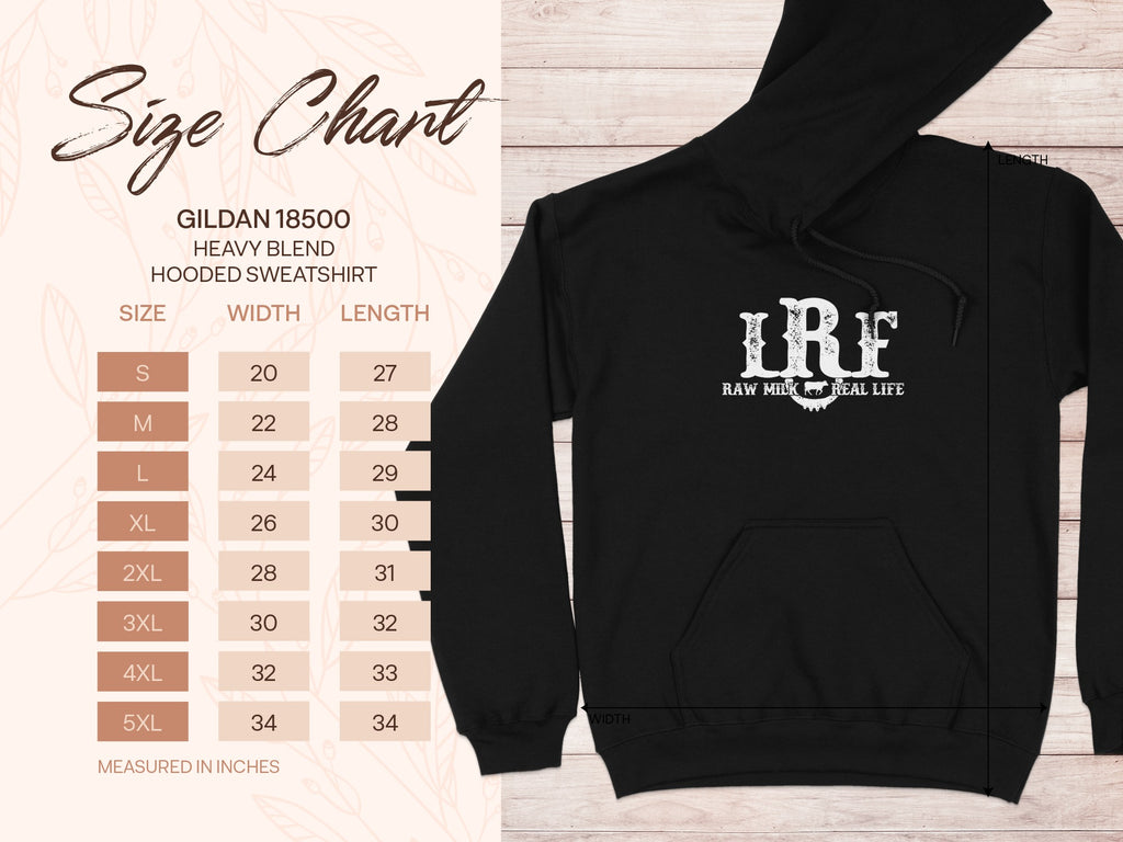 Gildan 18500 hooded sweatshirt size chart with width and length measurements in inches.