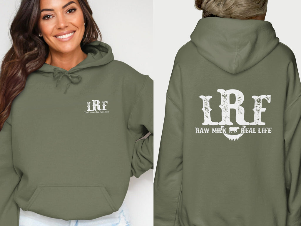 Green hoodie with white text "LRF" on front and "LRF RAW MILK REAL LIFE" on back.