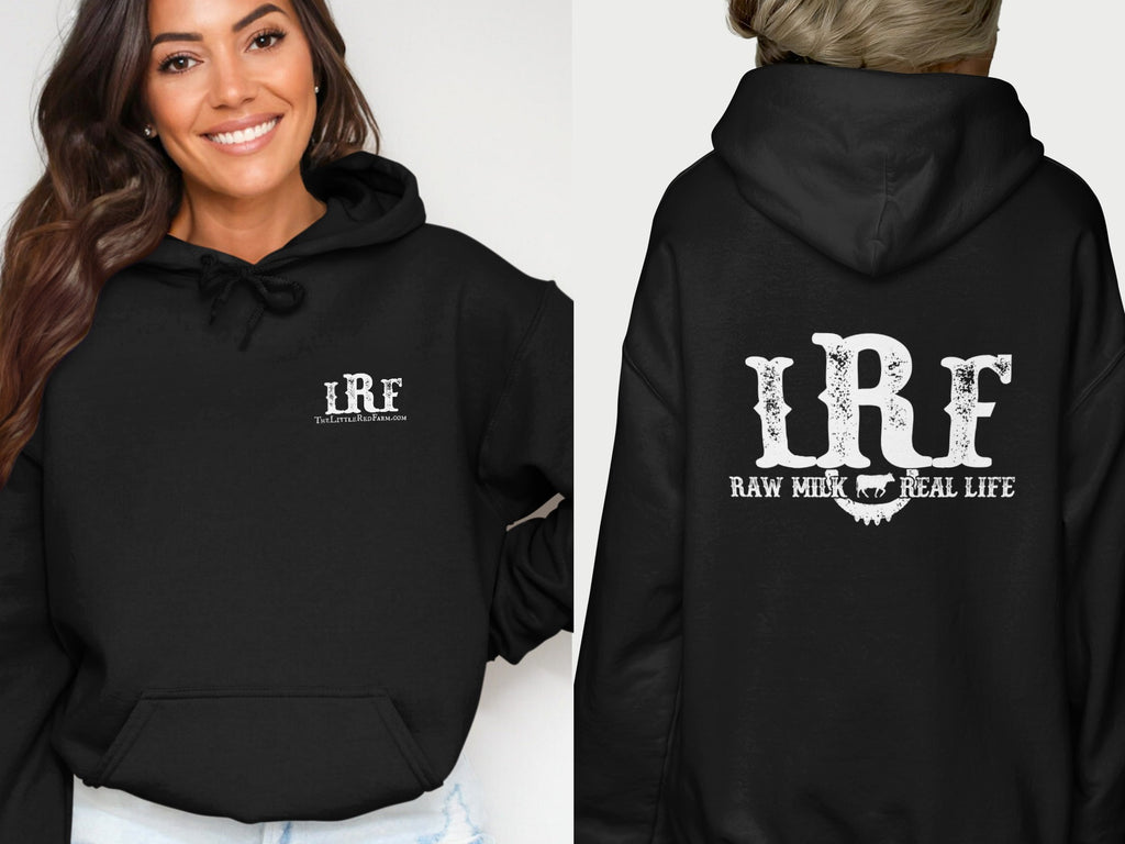 Black hoodie with "LRF THELITTLEREDFARM.COM" on front and "LRF RAW MILK REAL LIFE" on back.