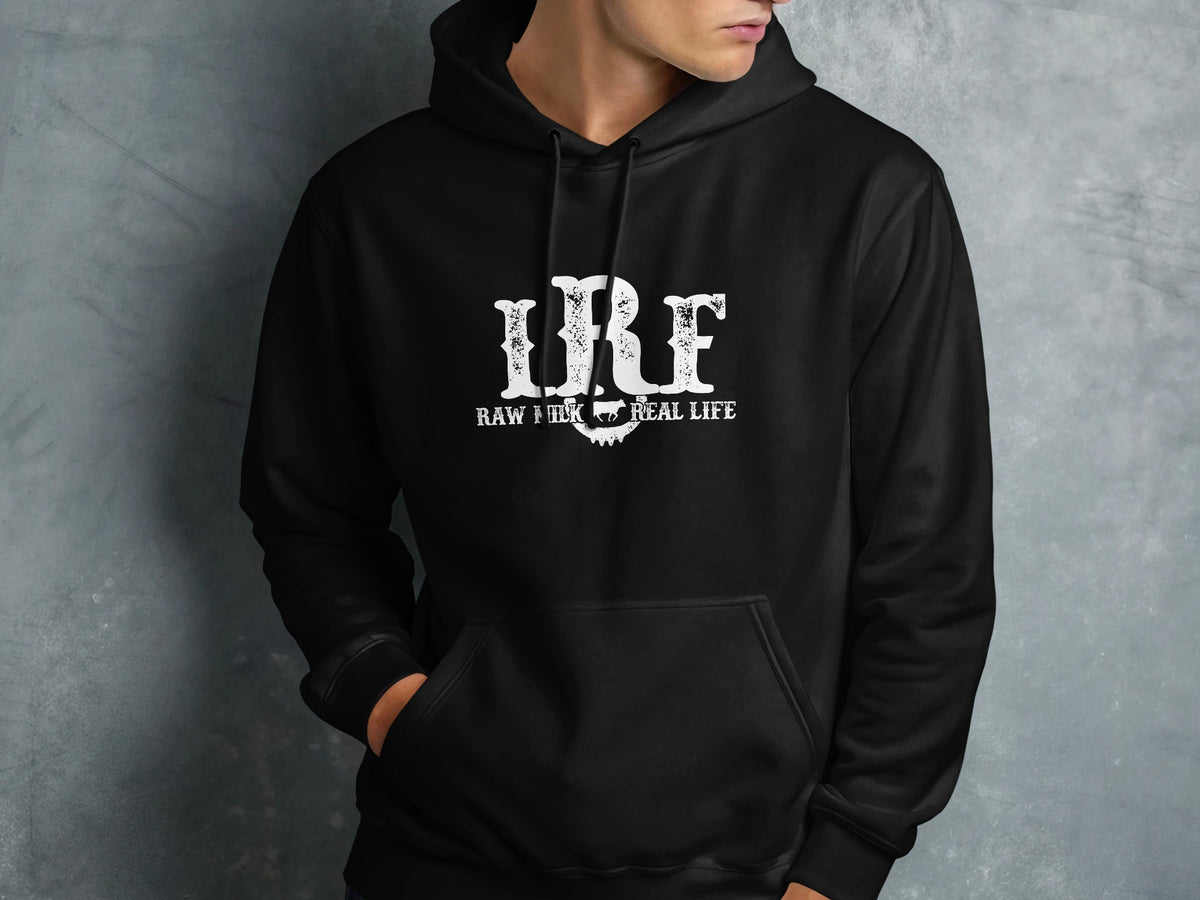 A person wearing a black hooded sweatshirt with a distressed white RRF logo and text.