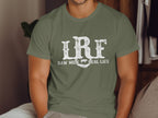 Green t-shirt with distressed white text: LRF, Raw Milk Real Life.