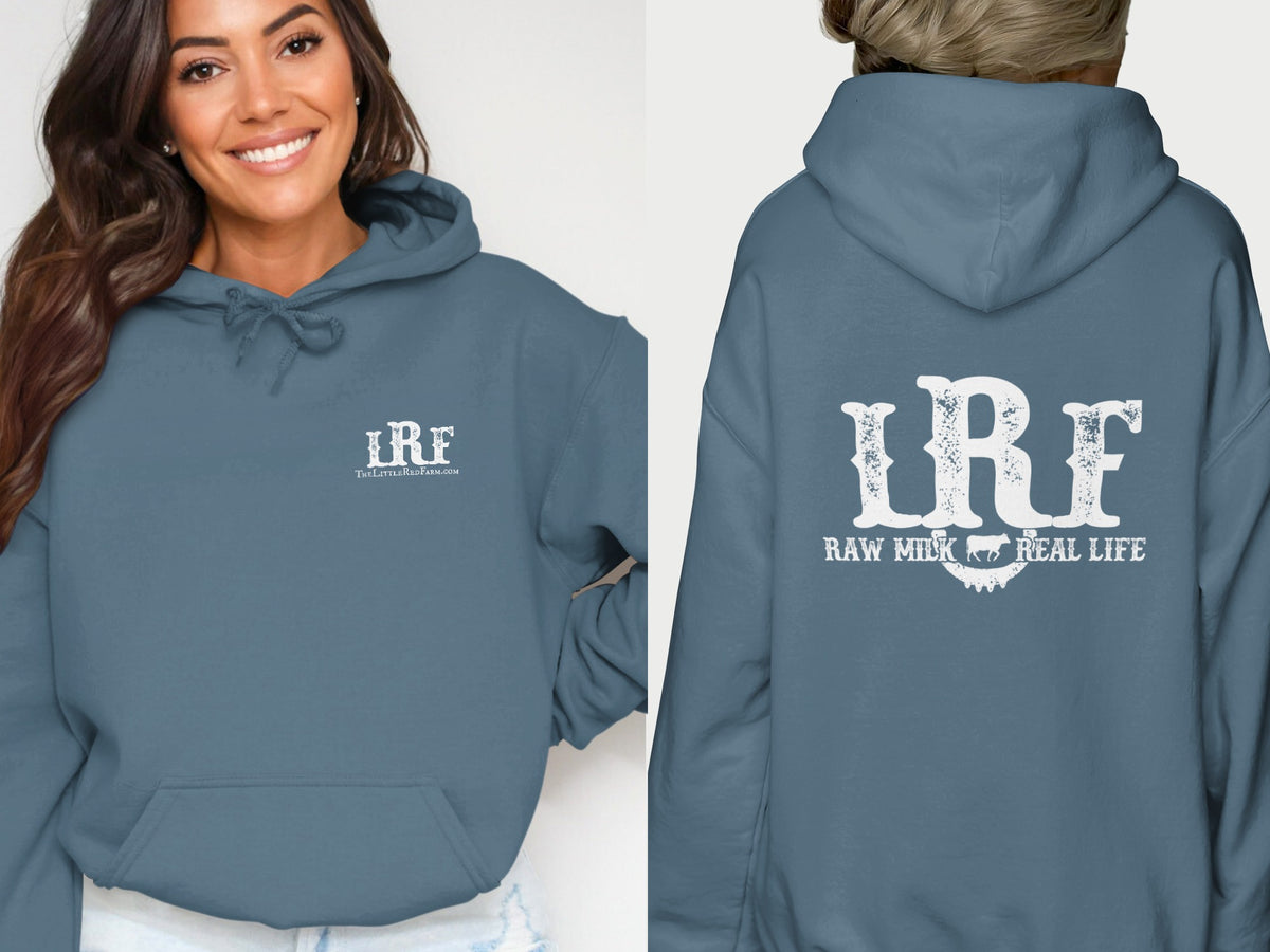 Blue hoodie with "LRF" and "Raw Milk Real Life" text on the back.