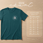 Teal Gildan 64000 softstyle t-shirt with circular farm graphic and size chart.