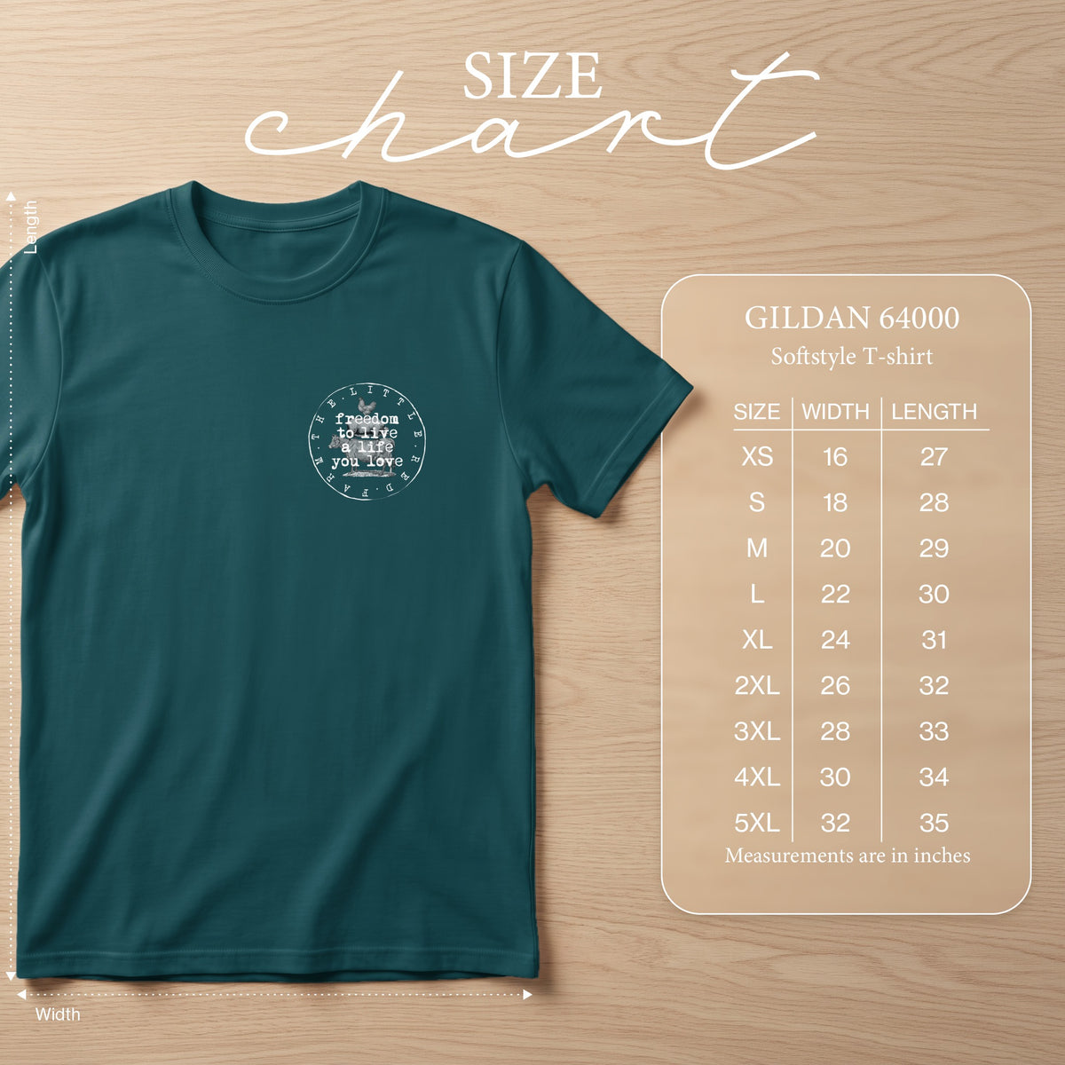 Teal Gildan 64000 softstyle t-shirt with circular farm graphic and size chart.