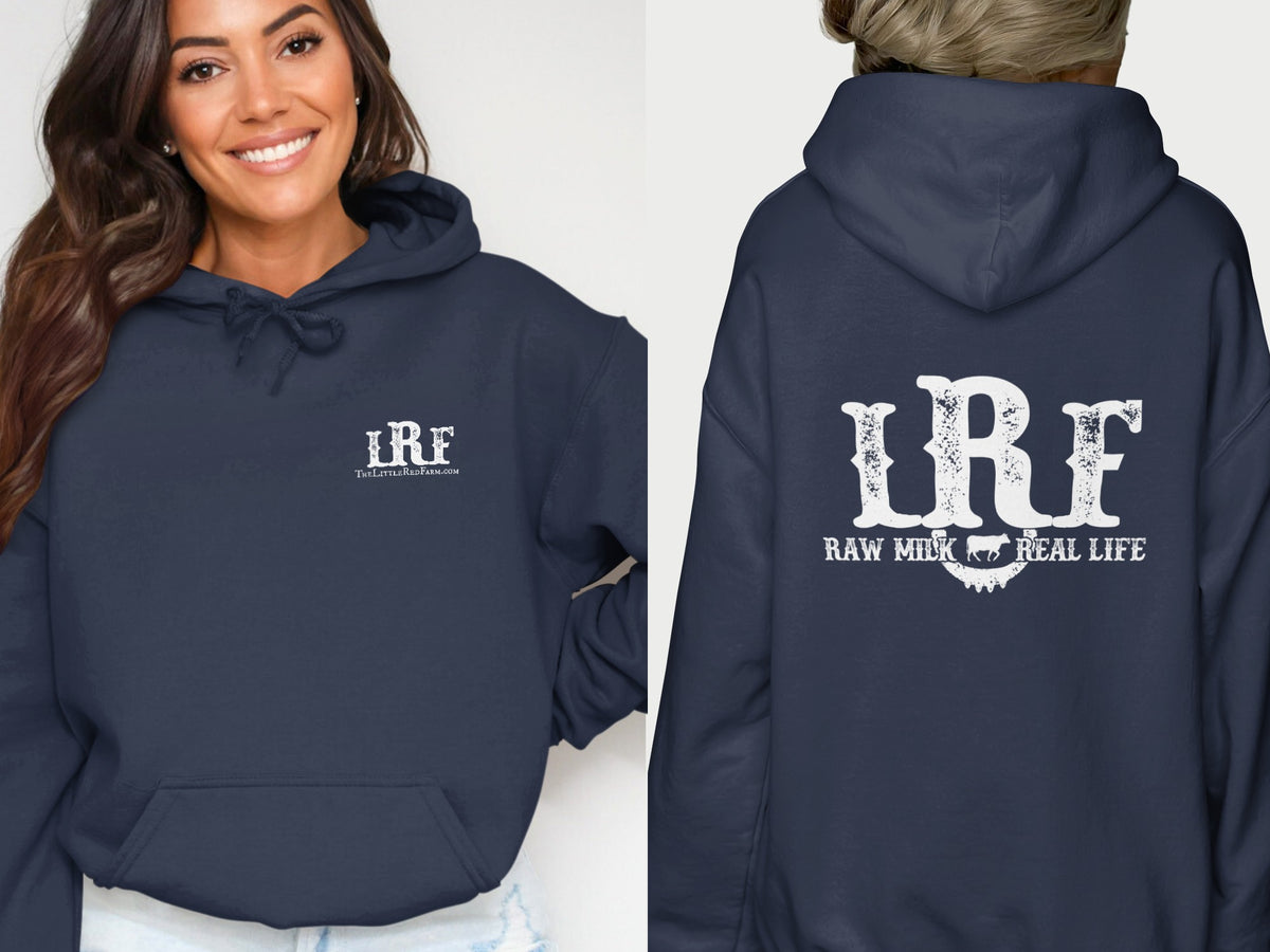 Navy hoodie with distressed "LRF" logo on front and back, "RAW MILK REAL LIFE" text on back.