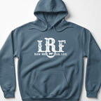 Blue hoodie with white "IRF RAW MILK REAL LIFE" text and cow graphic.