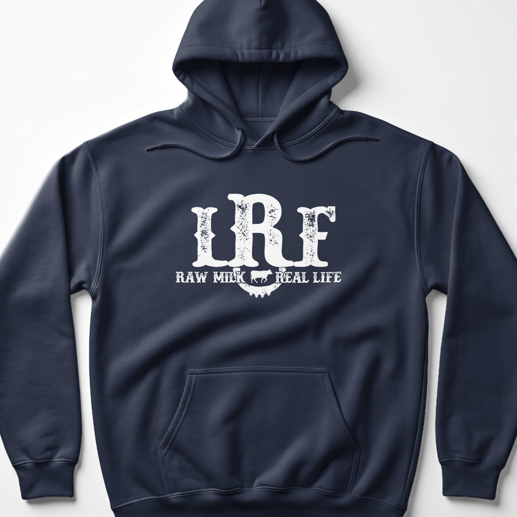 Navy blue hoodie with white "LRF RAW MILK REAL LIFE" graphic and cow image.