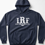 Navy blue hoodie with white "LRF RAW MILK REAL LIFE" graphic and cow image.