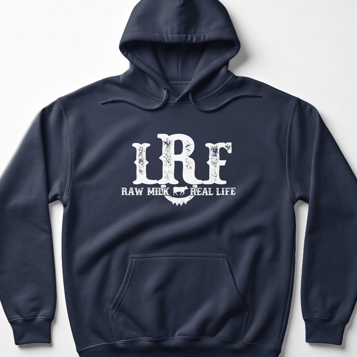 Navy blue hoodie with white "LRF RAW MILK REAL LIFE" graphic and cow image.