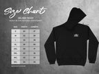 Gildan 18500 Heavy Blend Hooded Sweatshirt size chart with width and length measurements in inches.