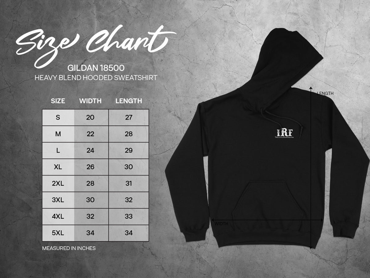 Gildan 18500 Heavy Blend Hooded Sweatshirt size chart with width and length measurements in inches.