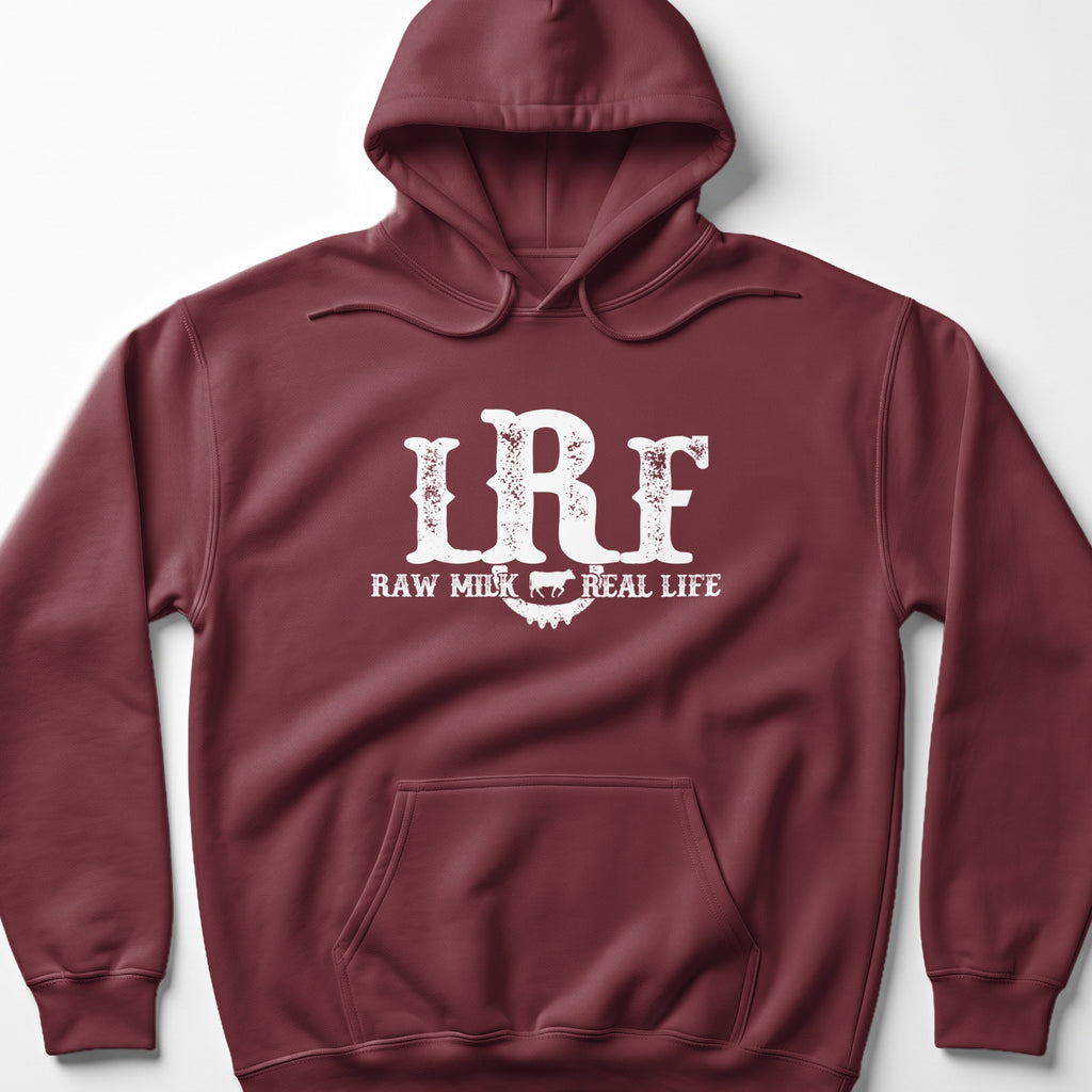 Maroon hoodie with white "IRF RAW MILK REAL LIFE" text and cow graphic.