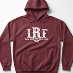 Maroon hoodie with white "IRF RAW MILK REAL LIFE" text and cow graphic.