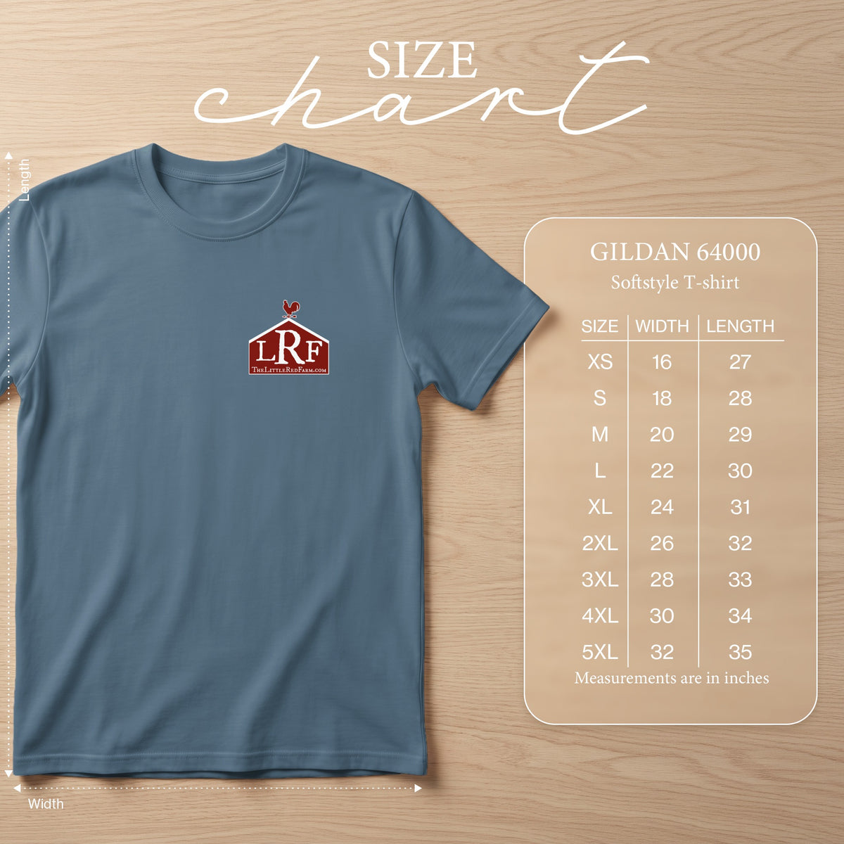 Blue t-shirt with LRF logo and Gildan 64000 softstyle t-shirt size chart.