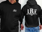 Black hoodie with "LRF THE LITTLEREDFARM.COM" on front and "LRF RAW MILK REAL LIFE" on back.