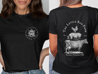 Black t-shirt with farm animals and text: "The Little Red Farm"