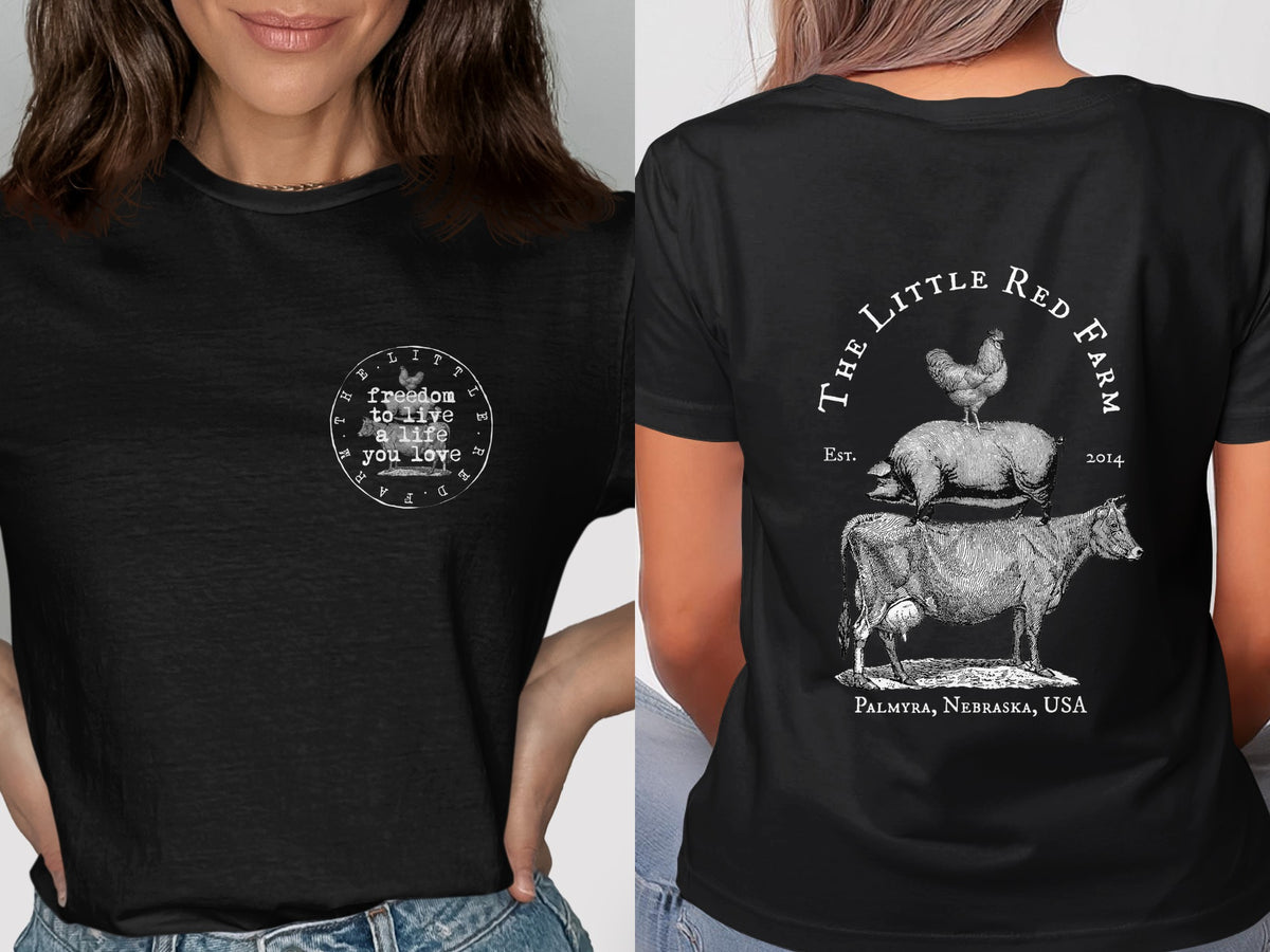 Black t-shirt with farm animals and text: "The Little Red Farm"