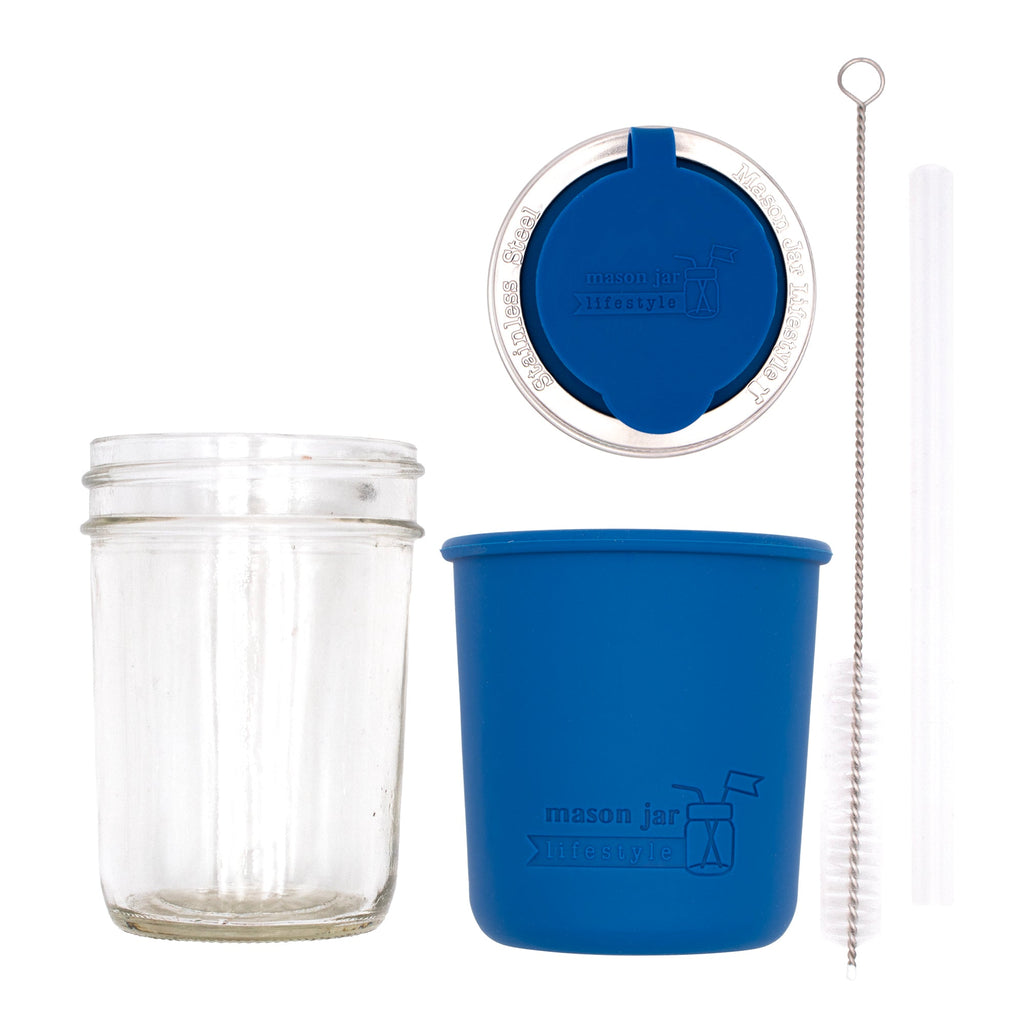 Mason Jar Lifestyle 8oz Half Pint Pop Up Sippy Glass Bottle Half Pint with Silicone Sleeve