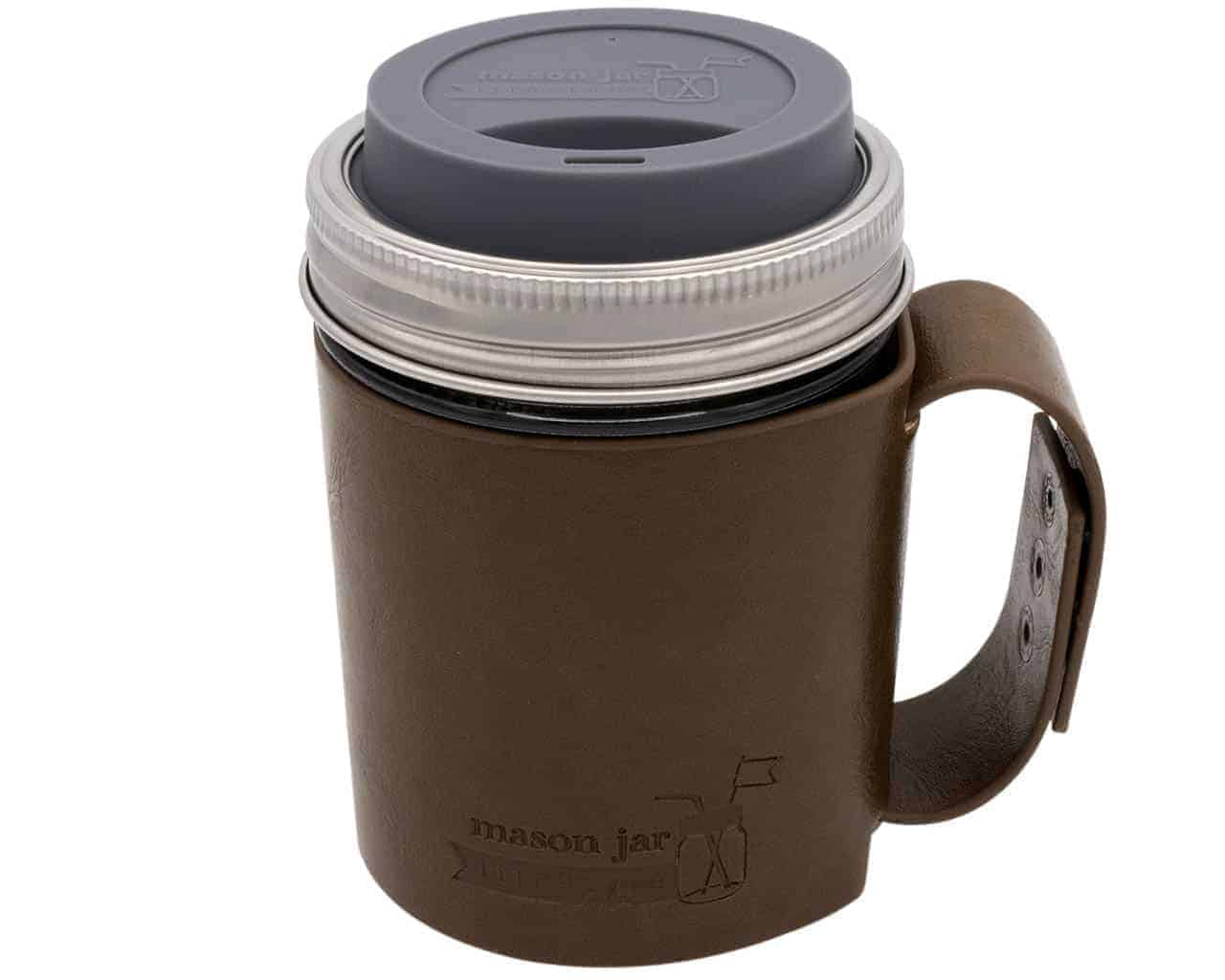 Faux Leather Sleeve with Handle / Travel Mug for Wide Mouth Pint Mason Jars