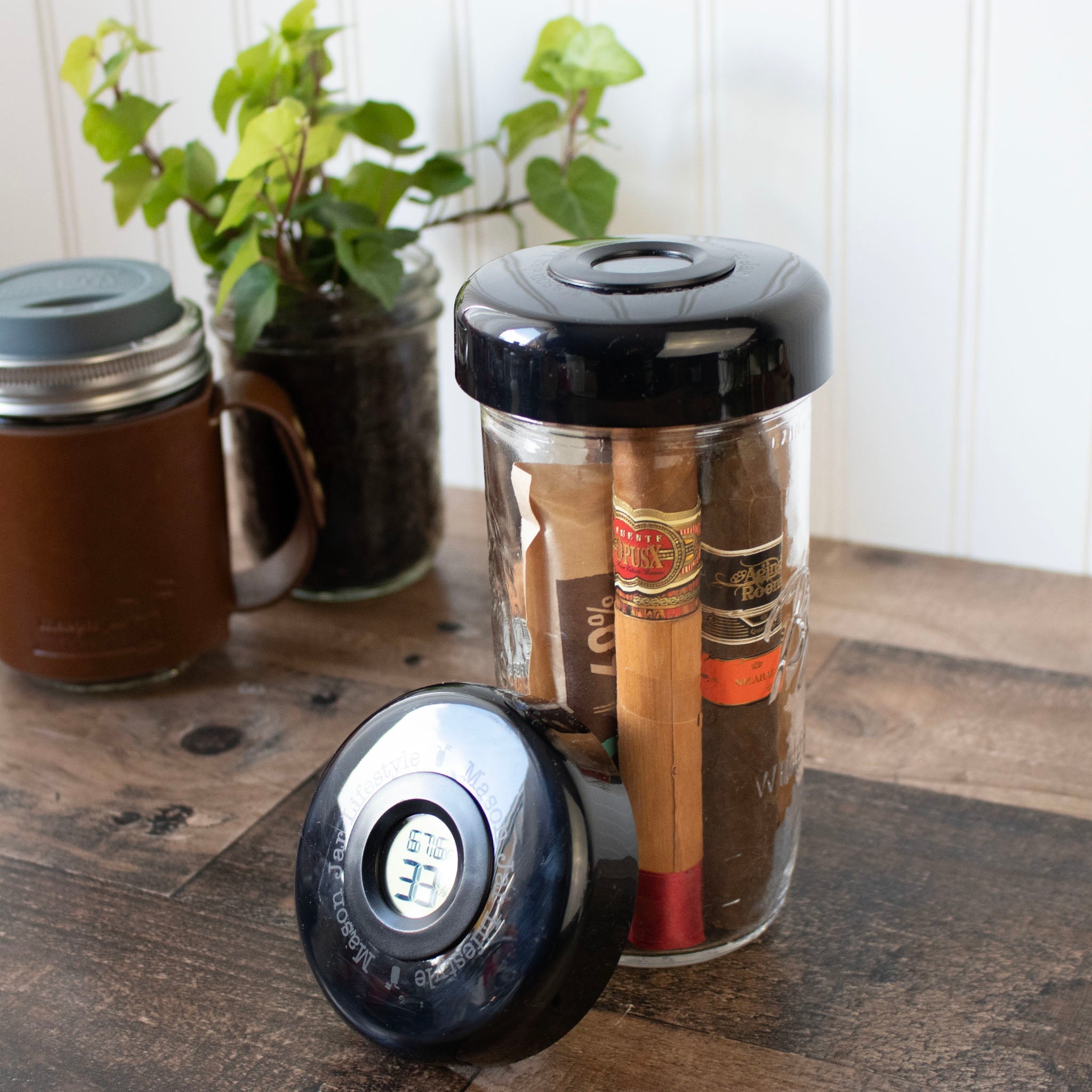 Humidor / Hygrometer Lid with Temperature for Wide Mouth Mason Jars - Store Cigars, Spices, or Herbs