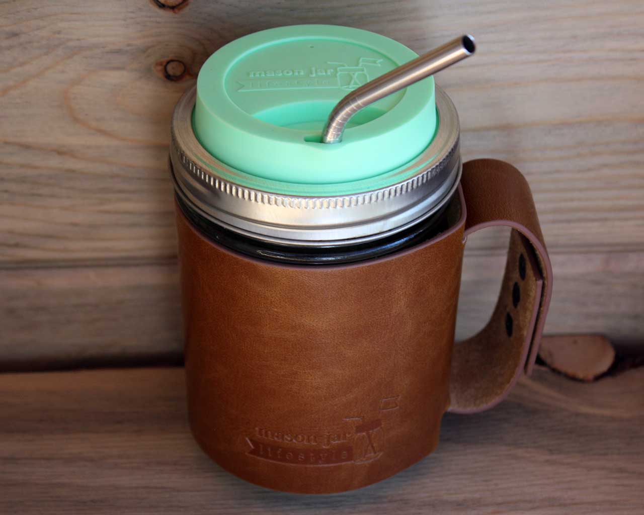 Faux Leather Sleeve with Handle / Travel Mug for Wide Mouth Pint Mason Jars - Thumbnail 4